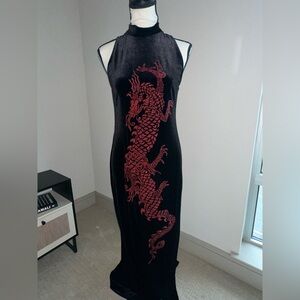 Black Velvet Maxi Dress with Red Dragon Beading